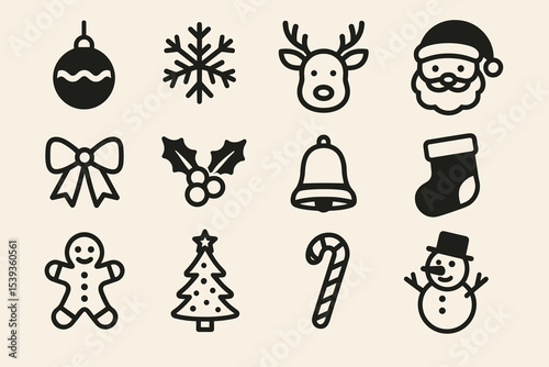 Festive christmas icons: ornaments, reindeer, santa, snowman, and candy cane symbols