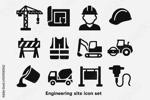 Engineering site icon set with construction tools and safety features