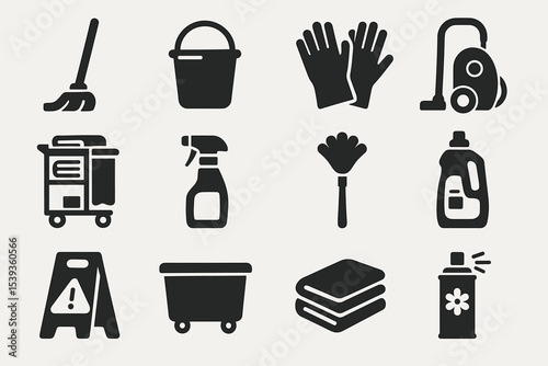 Cleaning supplies icons: mop, bucket, gloves, vacuum, caution sign, spray bottle, duster, detergent