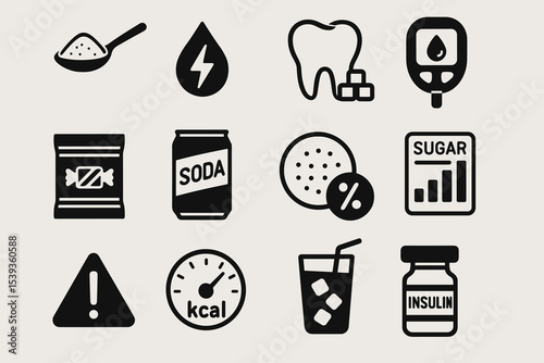 Diabetes awareness icons: sugar, glucose, insulin, diet, health warnings in black and white