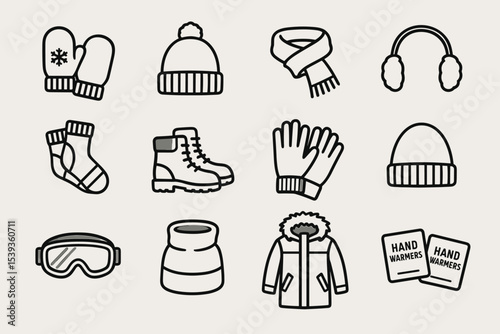Winter accessories icons: mittens, beanie, scarf, boots, gloves, coat, goggles