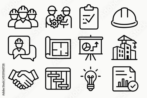 Construction and engineering icons featuring blueprints, hard hats, and project planning