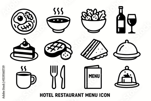 Hotel restaurant menu icons featuring food, drinks, and dining utensils