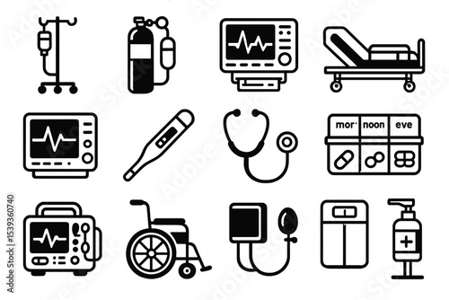 Set of medical equipment icons: monitors, wheelchair, iv, defibrillator, stethoscope, medicine