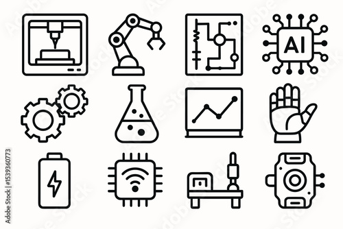Outline icons of technology: 3d printing, robotics, ai, circuits, and chemistry