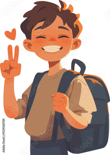 Joyful Youth: A young boy cheerfully flashes a peace sign, radiating positivity and joy, with a backdrop of artistic charm.