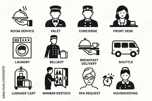 Hotel services icons: concierge, front desk, bellboy, shuttle, spa request, minibar restock