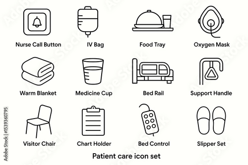 Comprehensive patient care icon set including iv bag and oxygen mask