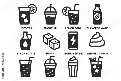 Variety of refreshing drinks and condiments: iced tea, smoothie, lemon soda, flavored water