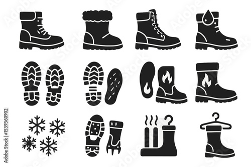 Black and white boot icon set featuring various shoe elements and symbols