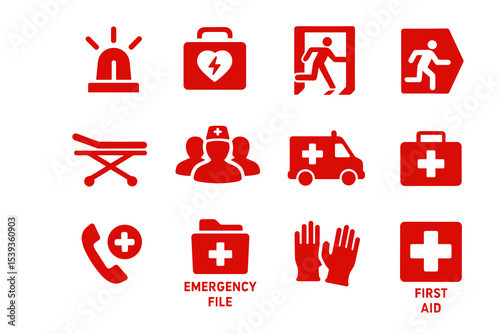 Emergency icons set: medical, ambulance, first aid, exit, emergency file, red symbols