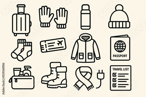 Essential travel icons: winter gear and travel items for a cozy adventure