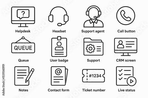 Customer support icons: helpdesk, headset, crm, queue, contact forms