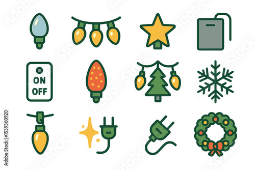 Festive christmas icons set with lights, tree, and wreath