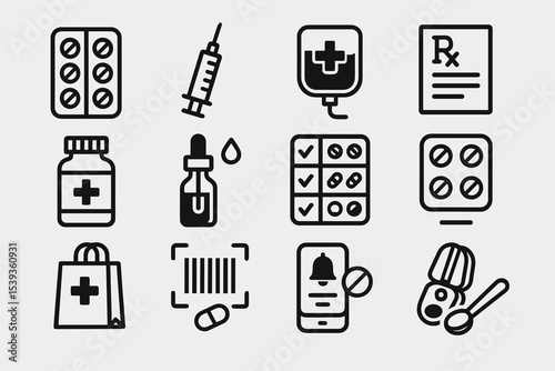 Medical icons set: pills, syringe, iv bag, prescription, medicine bottle, dropper