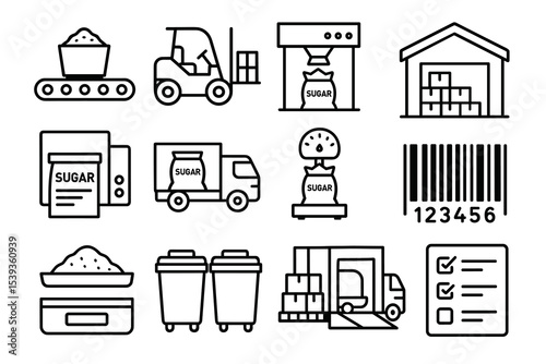 Sugar packaging and distribution icons: conveyor, forklift, warehouse