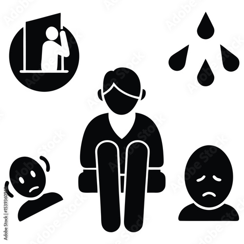 Depression man icon set. Depress, sad, lonely, stress concept. vector