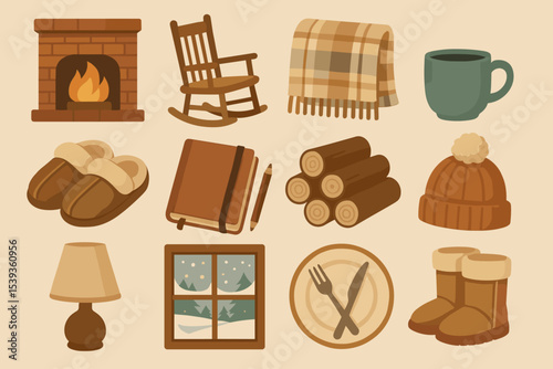 Cozy winter elements: fireplace, rocking chair, warm blanket, hot drink, and winter accessories