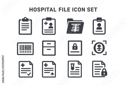 Hospital file icon set: medical records, security, identification, storage