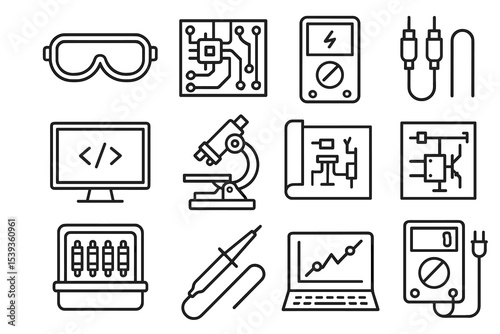 Electronics and engineering icons: circuit, microscope, laptop, tools, diagram