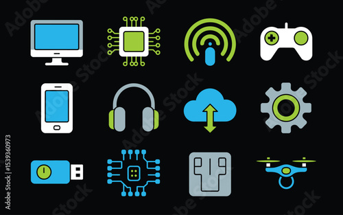 Technology and electronic devices icons isolated on black background