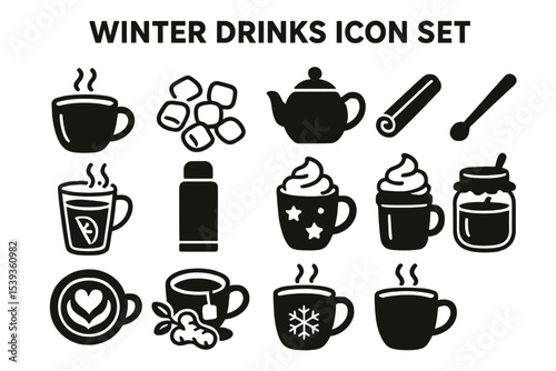Winter drinks icon set with cups, teapot, and ingredients