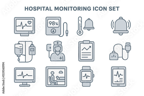 Hospital monitoring icon set including nurse, devices, and alarms