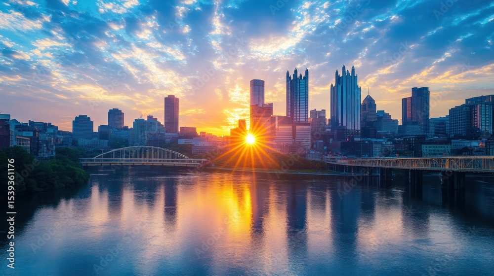Fototapeta premium City skyline sunrise over river