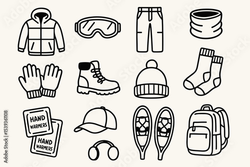 Winter gear icons set with jacket, gloves, boots, and accessories