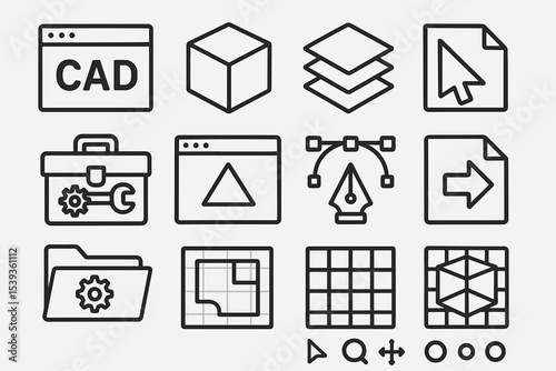 Vector icons for cad and graphic design tools in black and white