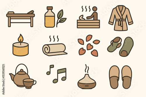 Spa essentials icons: massage, aromatherapy, relaxation, candle, robe, tea set