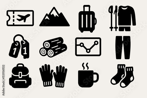 Travel and adventure icons: airplane ticket, mountains, luggage, hiking gear, backpack, winter clothing
