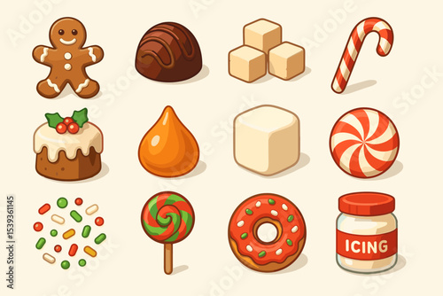Assorted holiday sweets and candy icons: gingerbread, candy cane, lollipop, and more