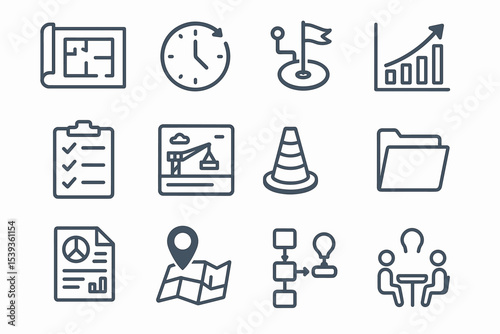 Construction project management icons: floor plan, clock, flag, growth chart, checklist, crane, traffic cone