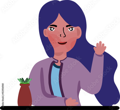 Cheerful Greeting Illustration: A digitally illustrated person with wavy hair waves a friendly hello, exuding warmth and approachability.