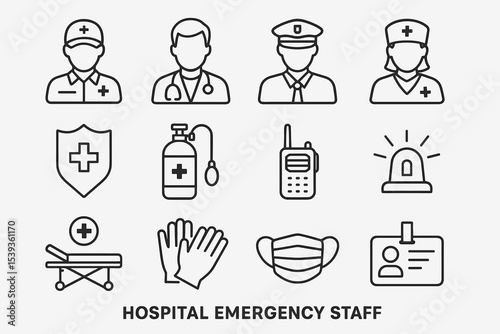 Hospital emergency staff icons: medical professionals and equipment symbols