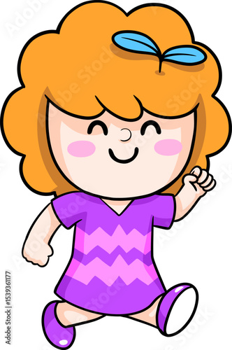 Cheerful Young Girl Cartoon: A vibrant and expressive cartoon of a cheerful girl with curly hair and an infectious smile, walking with an optimistic spring in her step. 
