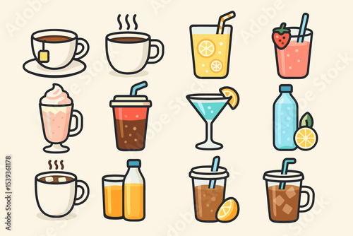 Assorted beverage icons: coffee, tea, juice, cocktails, and soft drinks
