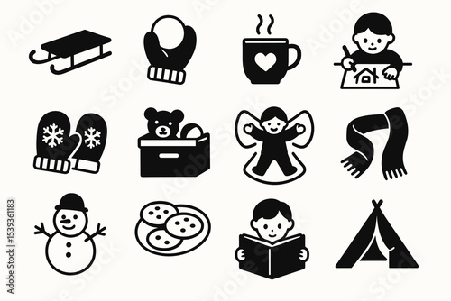 Winter activities and cozy icons: sled, snow, drinks, and crafts