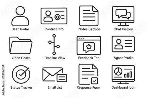Set of 12 user interface icons for contact, notes, chat, and dashboard management