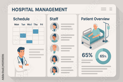 Hospital management dashboard featuring staff and patient overview with elderly male patient