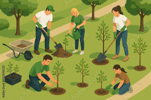 Group of diverse adults planting trees in a park for environmental conservation