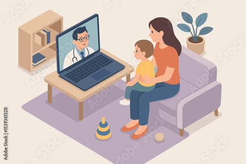 Asian female adult with child video calling doctor on laptop in living room setting