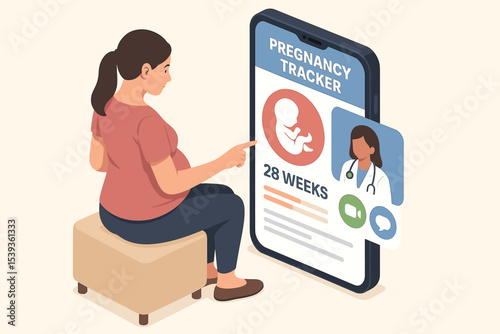 Asian pregnant female using digital pregnancy tracker app at 28 weeks