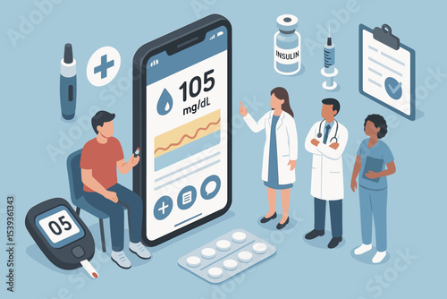 Diabetes management concept with diverse medical team and glucose monitoring