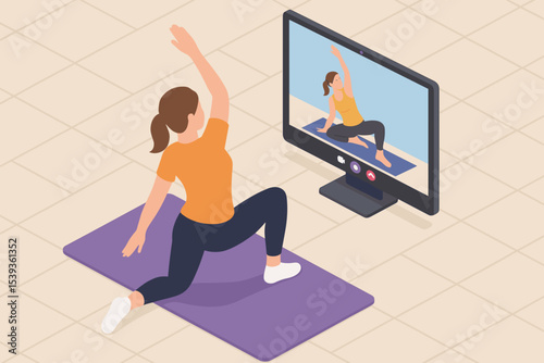 Caucasian female adult practicing yoga with online class on screen in home setting