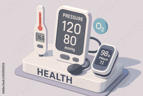 Digital health monitoring devices: blood pressure, thermometer, oximeter