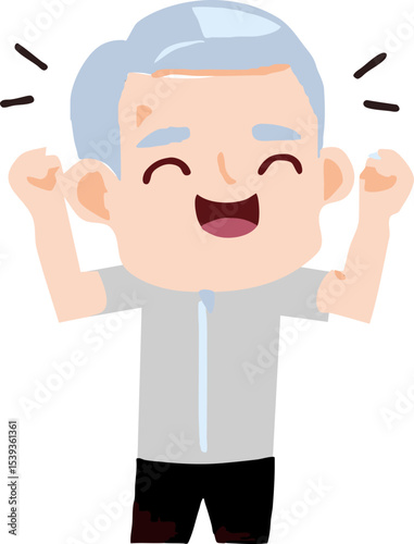 A Cheerful man's Joyful Expression: An Elderly man animated with a happy and joyful expression raising hands in excitement, radiating pure happiness.