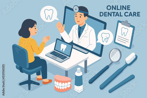 Asian female patient in online dental consultation with male dentist