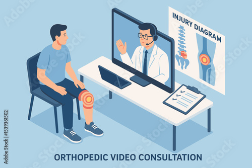 Male patient receiving virtual consultation with doctor for knee injury
